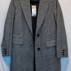Long Plaid Black and White Pea Coat
